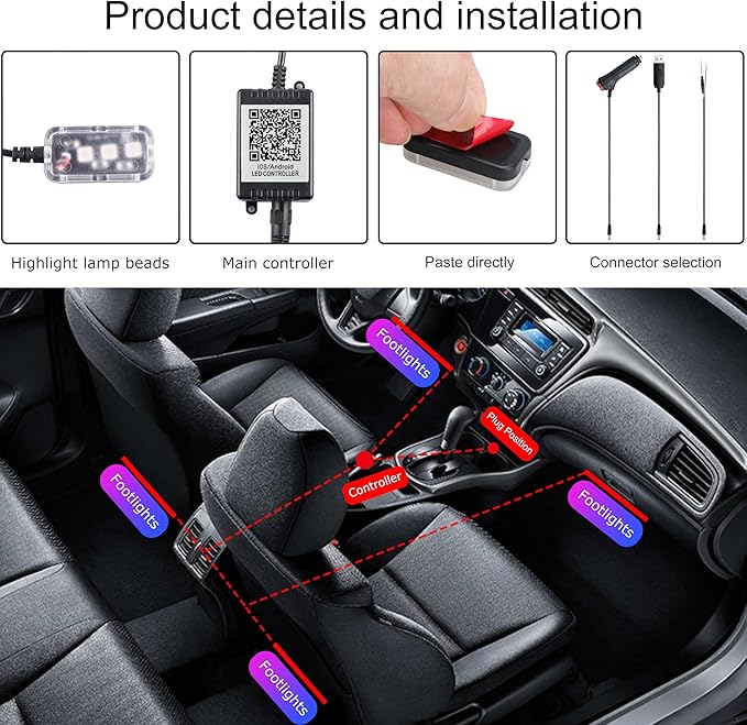 RGB Car Footwell Ambient Lighting Kit 16.7 Millions Colors Sound Active Music Sync APP Control DC Line Car Interior Multicolored Footwell Atmosphere Light DC 12V