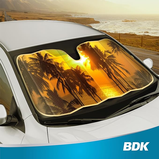 BDK Golden Sunset Palm Trees Front Windshield Sun Shade Accordion Folding Cute Car Window Shades for Truck & Car Sunshade Shield for Sun UV Rays - Visor Protector Keeps Vehicle Cool - 58 x 27 inches