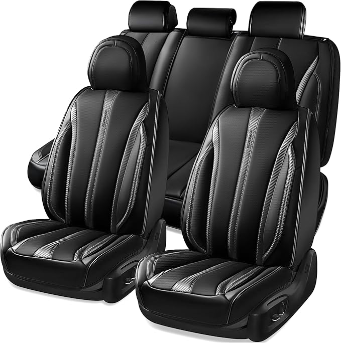 CAR PASS Nappa Leather Car Seat Covers Cushioned, Waterproof Leatherette Seat Covers Anti-Slip 5 Seats, Universal for Cars,SUV,Pick-Up,Truck,Sedan,Vehicles Sports(Full Set Black Charcoal Carbon Fiber)