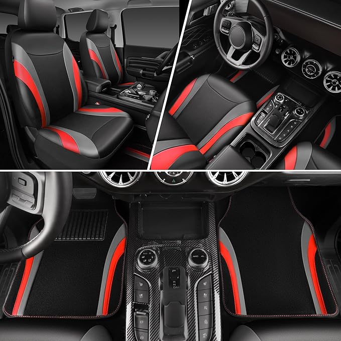 CAR PASS Leather Car Seat Covers Full Set with Waterproof Car Floor Mats,Airbag Compatible,Automotive Interior Covers for Cars Sedans,Trucks,Vans,SUV with Car Carpet Mats(Black and Red)