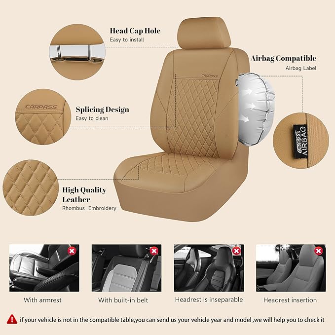 CAR PASS Faux Leather Seat Covers Full Set, Quilting Waterproof Premium Automotive Seat Cover with 5mm Composite Sponge Inside,Airbag Compatible, Universal for Most Cars Sedan SUV Truck, All Beige