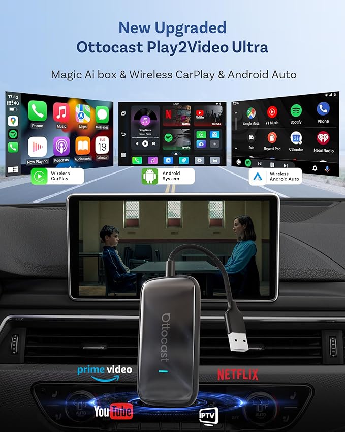 OTTOCAST 2026 Play2Video Ultra Magic AI Box Car Streaming Devices, Wireless CarPlay Android Auto Video Adapter 3 in 1 Built-in Netflix/YouTube Android 12 System