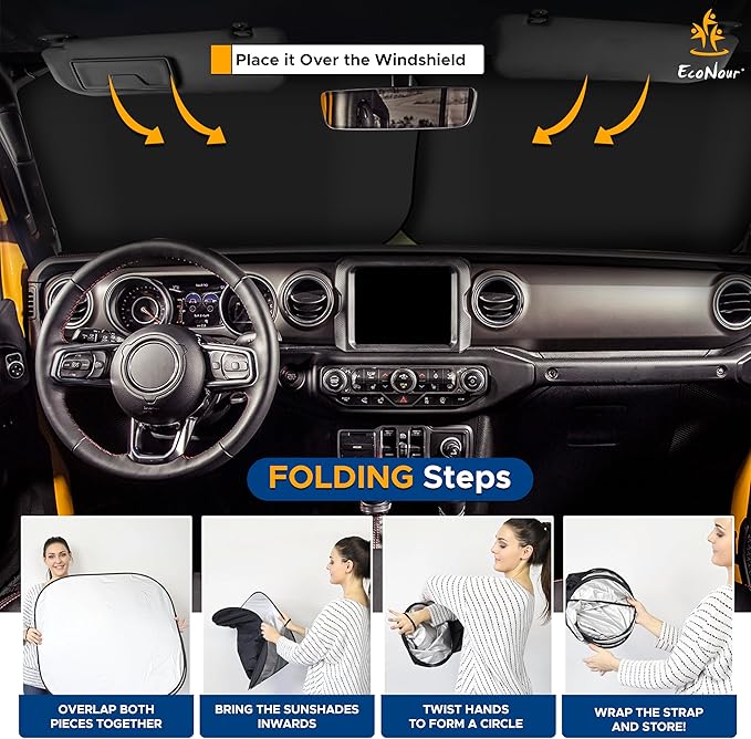 EcoNour 2-Piece Windshield Sun Shade for Jeep, Foldable Jeep Wrangler Sun Shade, Jeep Gladiator Sun Shade, Fits Jeep Wrangler JL JLU 2018-2025, Jeep Gladiator 2020-2025, Keeps Car Interior Cooler