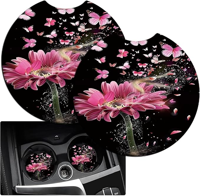 Car Armrest Cover Pads Universal Fashion Cute Auto Center Console Armrest Cover Pad with 2PCS Car Coasters Soft Waterproof Car Armrest Seat Protector for Women, Pink Gerbera Daisy Butterflies