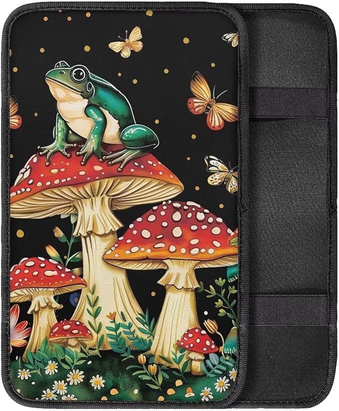 Car Center Console Armrest Cover Pad with Frog Mushroom, Easy to Install Automobile Armrest Covers for Trucks Van SUV