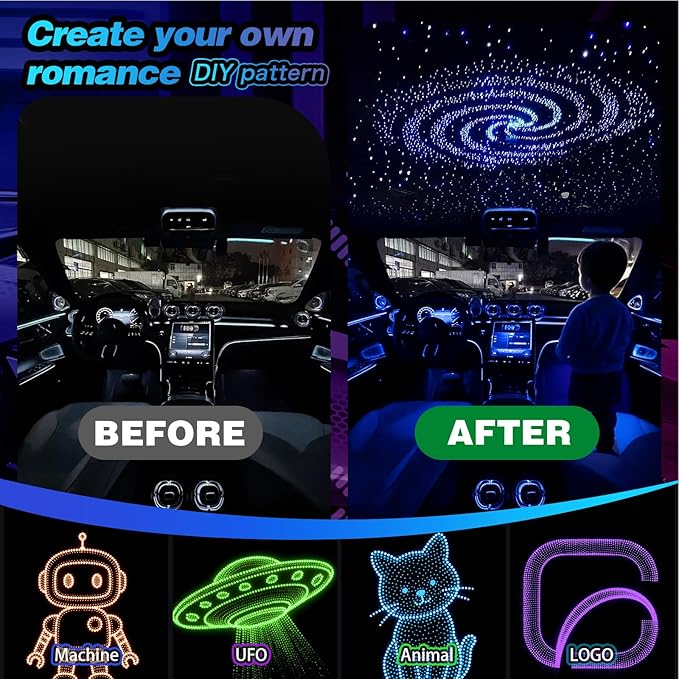 Split Starlight Headliner Kit - 1800pcs 0.02in 4.9ft Fiber Optic RGBW Star Lights for Car with 6 Light Heads 16W Engine Easy to Hide,Flexible Wiring,APP/Remote Control for Car Roof Ceiling
