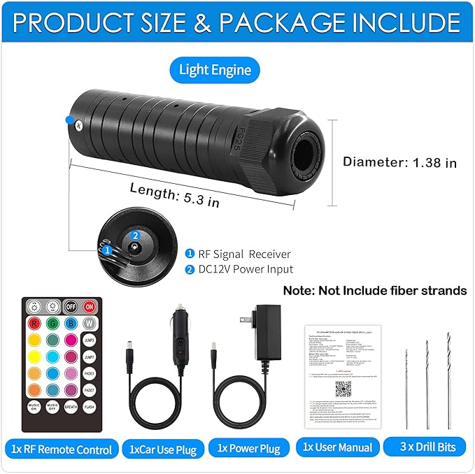 ATOKEE 6W Fiber Optic Light Engine for Starlight Headliner, Bluetooth App/RF Remote Control with Music Mode, Car Plug & Power Adapter, PG Connector & 3 Drill Bits