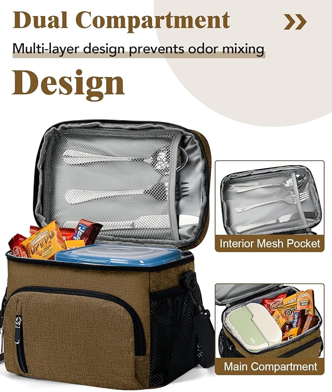 Insulated Lunch Bag for Men & Women, 9L Leakproof Lunch Box Soft Cooler Tote with 5 Pockets, 600D Oxford, EVA Lining, Adjustable Strap for Work, Picnic, Beach&Travel-Coffee