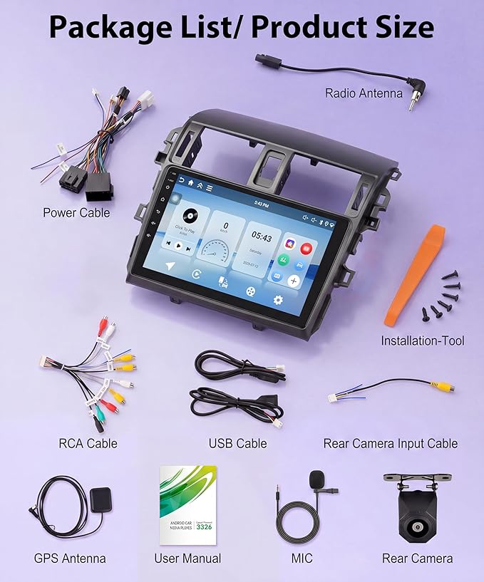 Rimoody 4G+64G Android 15 Car Stereo Radio for Toyota Corolla 2009-2013, Wireless Carplay Andorid auto Mirror Link 9'' INCELL Touchscreen GPS WiFi Bluetooth 5.0 FM/RDS EQ-32 SWC Backup Camera