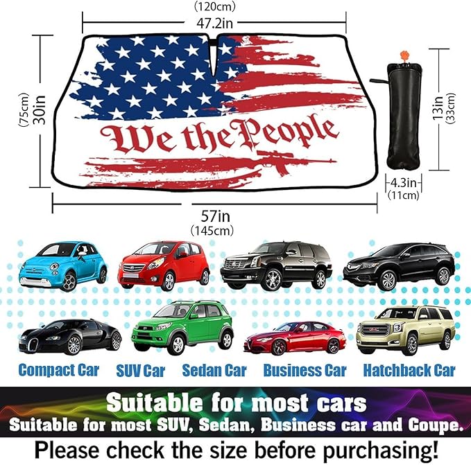 Socira Vintage USA American Flag Car Windshield Sunshade Umbrella Foldable Visor Umbrella Sun Shade Cover Sunshade Front Window Cover Car Accessories Blocks Uv Rays (57" X 30")