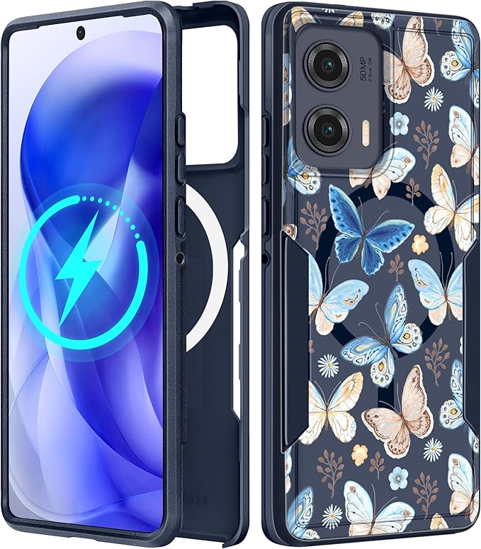 for Moto Edge 2024 Case - Compatible with MagSafe Women Girls Cute Magnetic Protective Phone Cover Kawaii Girly Blue Butterfly Heavy Duty Shockproof Design for Motorola Moto Edge 2024 Cases