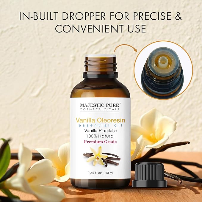 Majestic Pure Essential Oil with Glass Dropper - 100% Pure and Natural - Essential Oils for Diffuser, Aromatherapy, Soap and Candle Making, Vanilla Essential Oil, Vanilla Oil, 0.3 Fl Oz