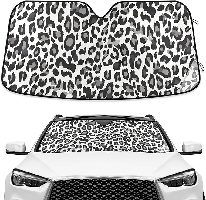 Black White Leopard Windshield Sun Shade Blocks UV Rays Visor Protector Accordion Folding Sun Reflector Auto Sunshade for Car Truck SUV to Keep Your Vehicle Cool