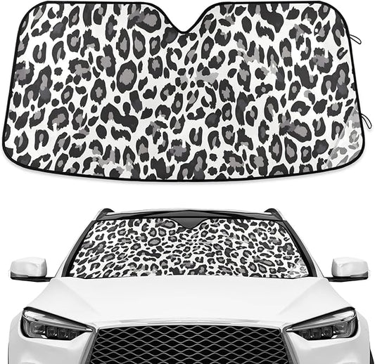 Black White Leopard Windshield Sun Shade Blocks UV Rays Visor Protector Accordion Folding Sun Reflector Auto Sunshade for Car Truck SUV to Keep Your Vehicle Cool