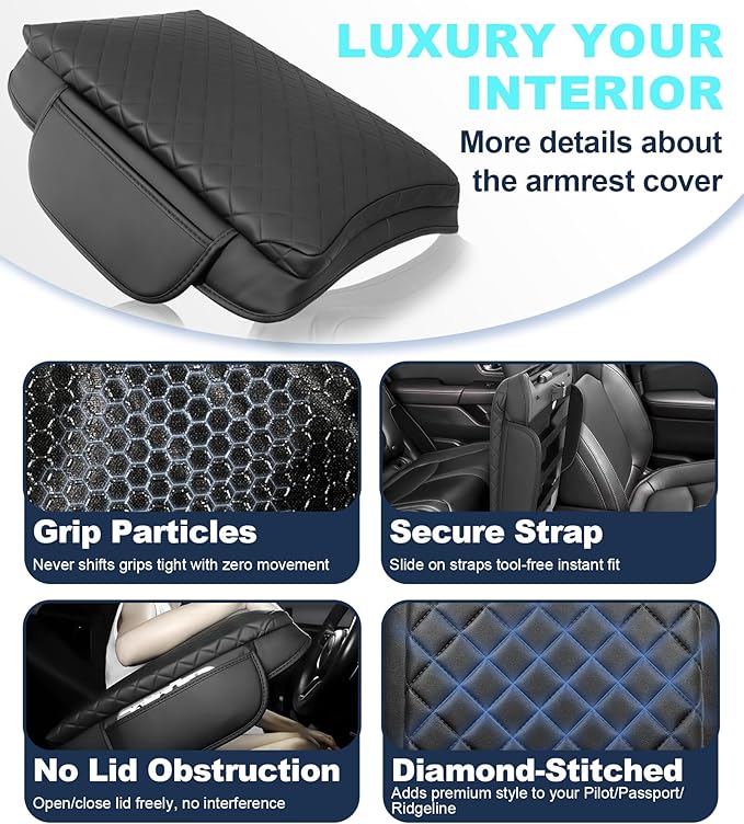 Armrest Cover for Honda Pilot/Passport/Ridgeline Center Console Pad with Organizer Storage Pockets, Black Faux Leather Arm Rest Lid Protector Cushion Interior Accessories (2023-2025)