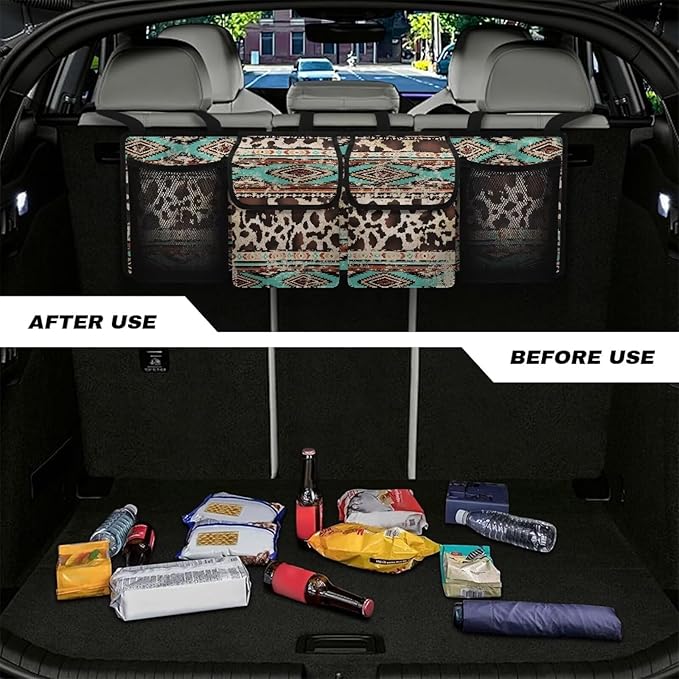 Aztec Cow Car Backseat Trunk Organizer with 4 Pockets Hanging Cargo Bag Multipurpose Trunk Storage Bag with 3 Adjustable Buckles