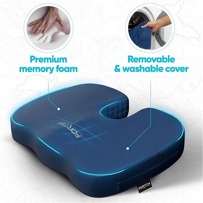 FORTEM Seat Cushion, Office Chair Cushion, Desk Chair Memory Foam, Sciatica Coccyx Tailbone Pain Relief, Pressure Relief, Sitting Pad, for Long Gaming & Sitting, Washable Cover, Non Slip