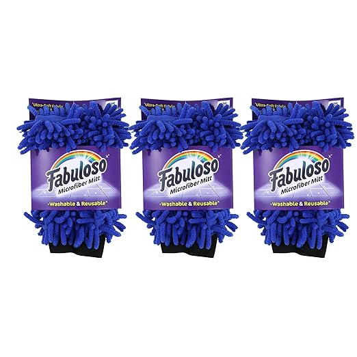 Fabuloso Microfiber Cleaning Mitt Glove, Lint-Free Scratch-Free Dusting and Washing for Furniture, Blinds, Baseboards, Shelves and Car Interior, One Size Fits All, Blue, 3-Pack