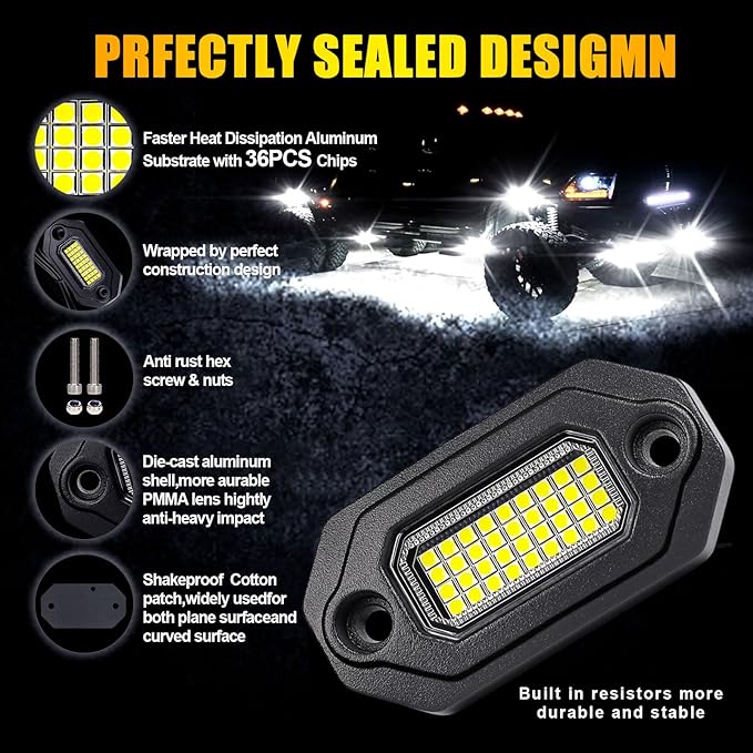 8Pods Metal Bright Pure White LED Rock Lights Kit,Per pod provided 15FT Power Cord,6500K 36LEDs Neon Underglow Light Aluminum Waterproof Fender Lights for Trucks Trailer Jeep Off Road ATV UTV