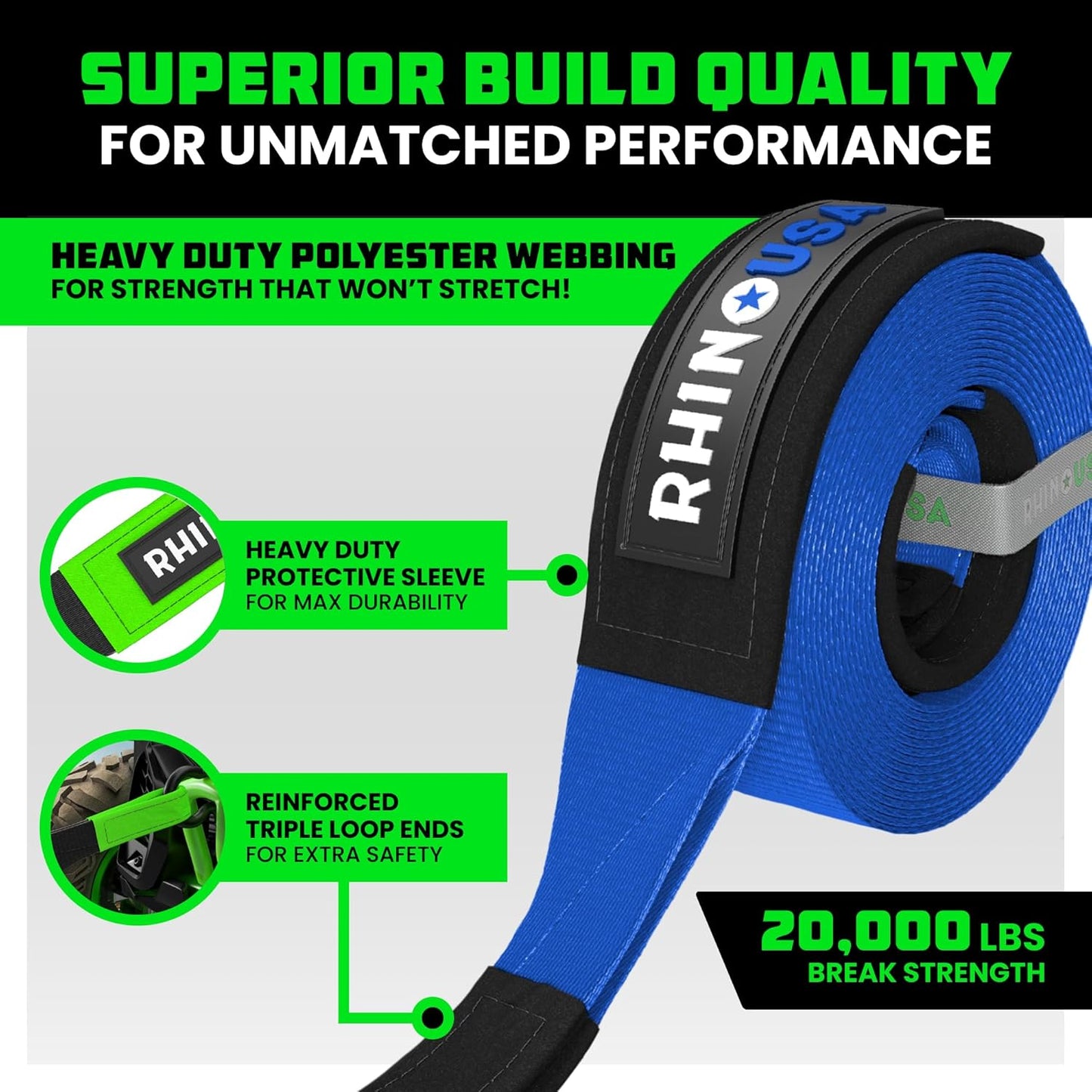Rhino USA Recovery Tow Strap (2"x20')- 20024lb Break Strength- Emergency Recovery Strap Tow Rope for UTV, ATV & More- Heavy Duty Towing Strap for Offroad 4x4 Use- Compatible with RZR and Can-Am (Blue)