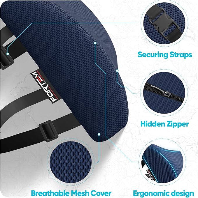 FORTEM Lumbar Support Pillow for Office Chair, Lumbar Support Pillow for Car, Back Rest for Gaming, Memory Foam Pillow, Desk Chair Cushion, Breathable & Washable Cover, Adjustable Straps