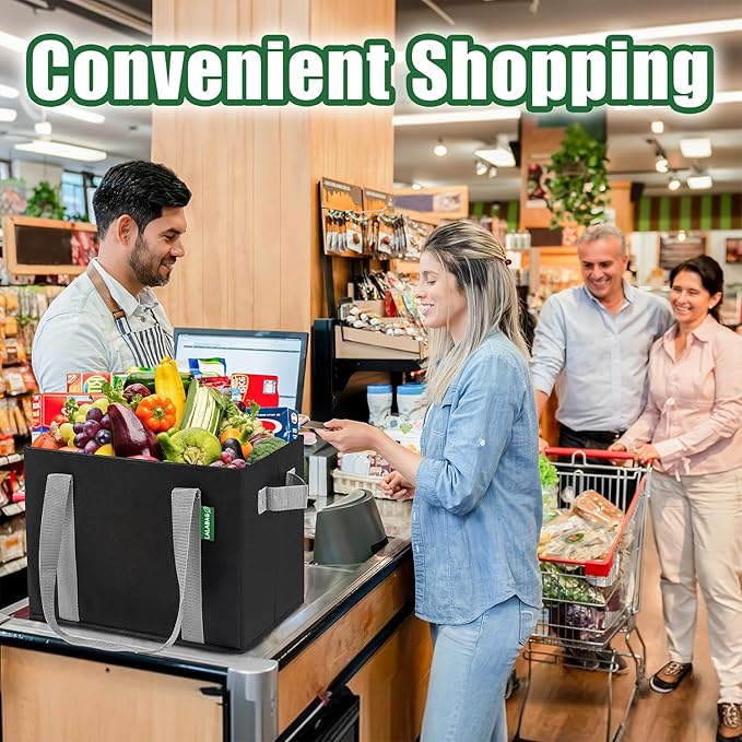 Reusable Grocery Bags (3 Pack ) - Heavy Duty Eco Tote Bags with Box Shape to Stand Up, Hold Up to 65 Lbs - Stay Open & Fold Flat - Foldable Reusable Shopping Bags with Long Handles & Hard Bottom