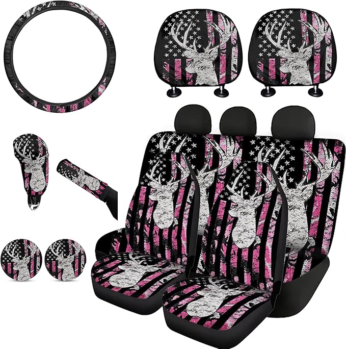 FKELYI Universal Car Seat Covers Set Pink American Flag Camo Deer Hunting Gear Shift Cover/Handbrake Cover/Steering Wheel Cover/Cup Coasters/Headrest Cushion Pads for Women Ladies