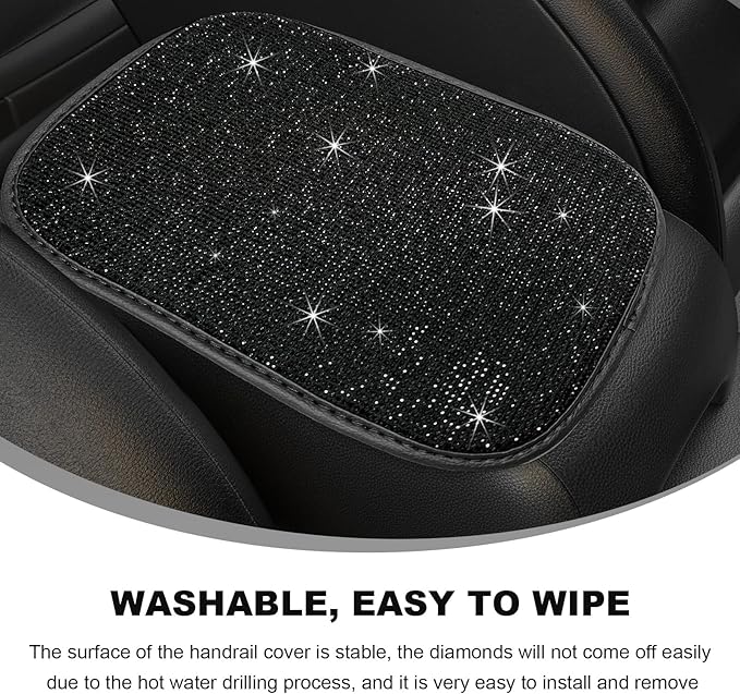Bling Car Armrest Cover, 11.8"×8.5" Crystal Rhinestone Auto Center Console Protective Cover, Bling Charming Arm Rest Cushion Pad for Most Cars SUVs Trucks, Car Accessories (Black)