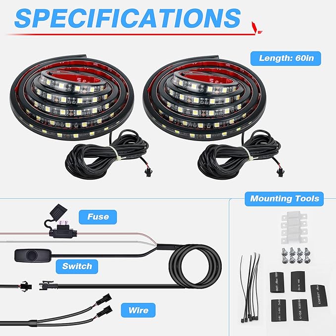 MICTUNING 2Pcs 60 Inch White LED Cargo Truck Bed Light Strip Lamp Waterproof Lighting Kit with On-Off Switch Fuse 2-Way Splitter Cable Compatible with Pickup RV SUV and More