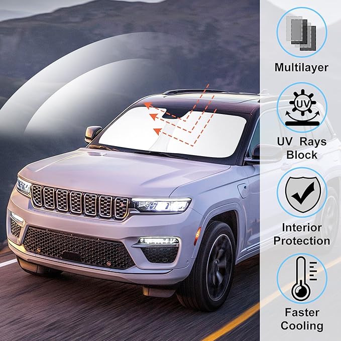 Windshield Sun Shade Custom Fit for 2022 2023 2024 2025 2026 Jeep Grand Cherokee 4XE Accessories Foldable Window Sunshade Protect Car from Sun Rays & Heat Damage Keeps Car Cooler
