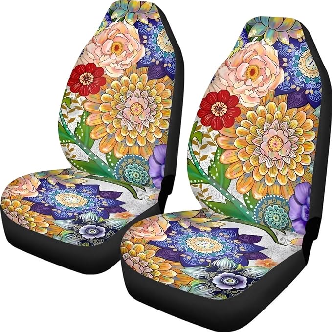 Boho Mandala Flowers Print Car Front Seat Cover Set of 2, Auto Bucket Seats Protector Universal Car Accessories Interior Decor for Women Men