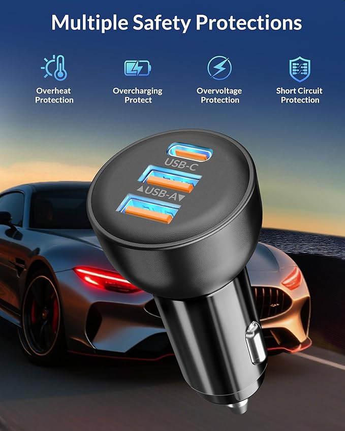 iPhone 17e 17 16 15 Pro Max Car Charger Fast Charging, 70W 3-Port USB C Car Charger Cigarette Lighter Adapter Accessories & 3FT USB C Cable for iPhone 17e/17/17 Pro Max/Air/16/16e/15 Pro/Plus, iPad