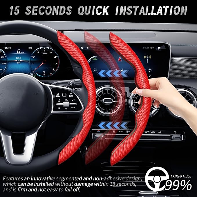 WOCOCN 2pcs Car Steering Wheel Cover,Anti-Skid Carbon Fiber Steering Wheel Protector for Men Women,Multiple Color Options,Universal for Most Car Interiors Accessories (Red)