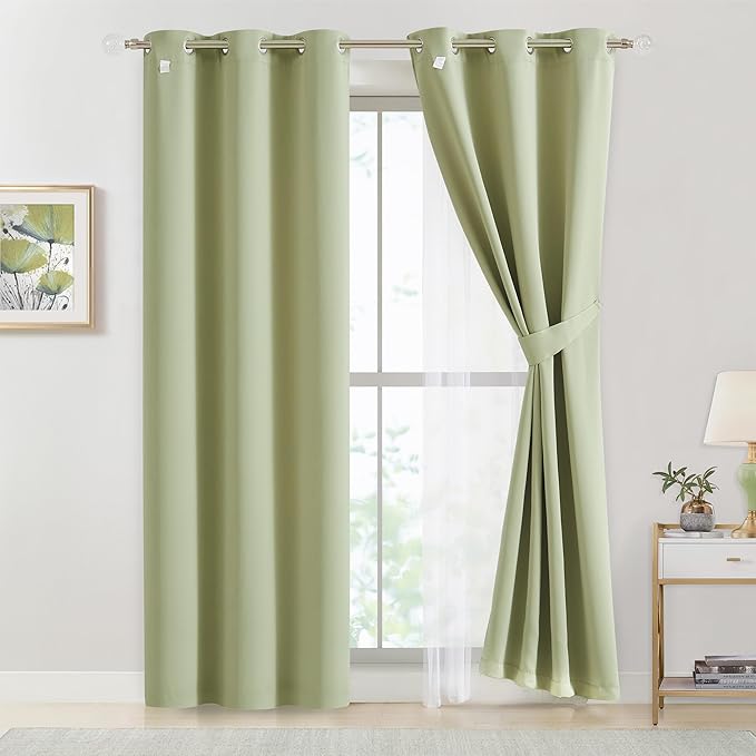 Bujasso Sage Green Blackout Curtains with Sheer Overlay Mix and Match Double Layer Thermal Insulated Window Panels 95 inch for Living Room Bedroom Green Drapes with Tiebacks Grommet Top 54" Wx95 Lx2