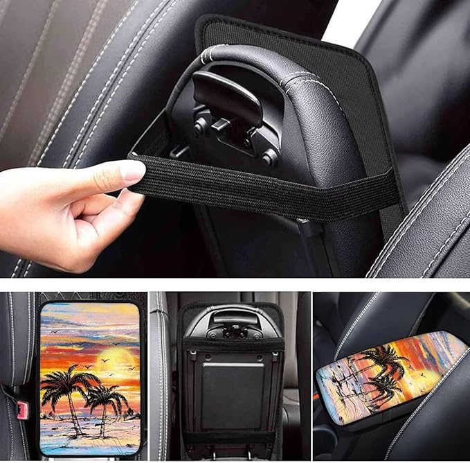 Beach Palam Tree Car Center Console Cover Washable Car Accessories Cars Armrest Box Pad for Comfortable Support, Universal Armrest Cover for Vehicles Truck SUV