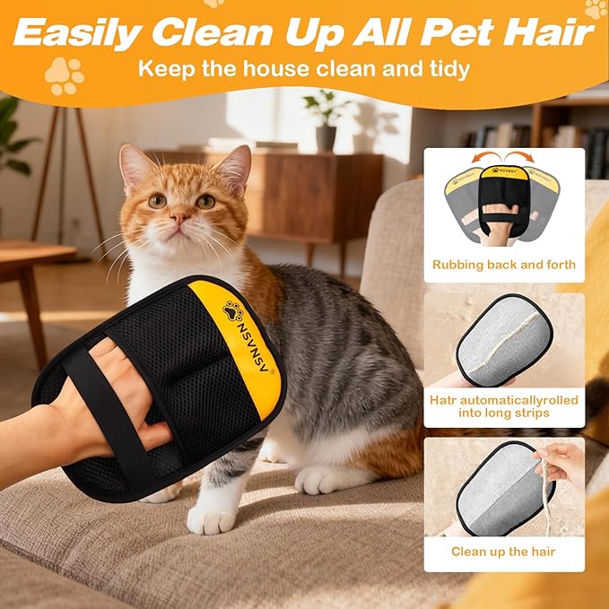 Pet Hair Removal Glove for Cats Dogs, Washable Reusable Animal Fur Removal Tool, Hair Retention Powerful Cat Grooming Gloves for Couch, Furniture, Carpet, Car Seat, Ease of Use
