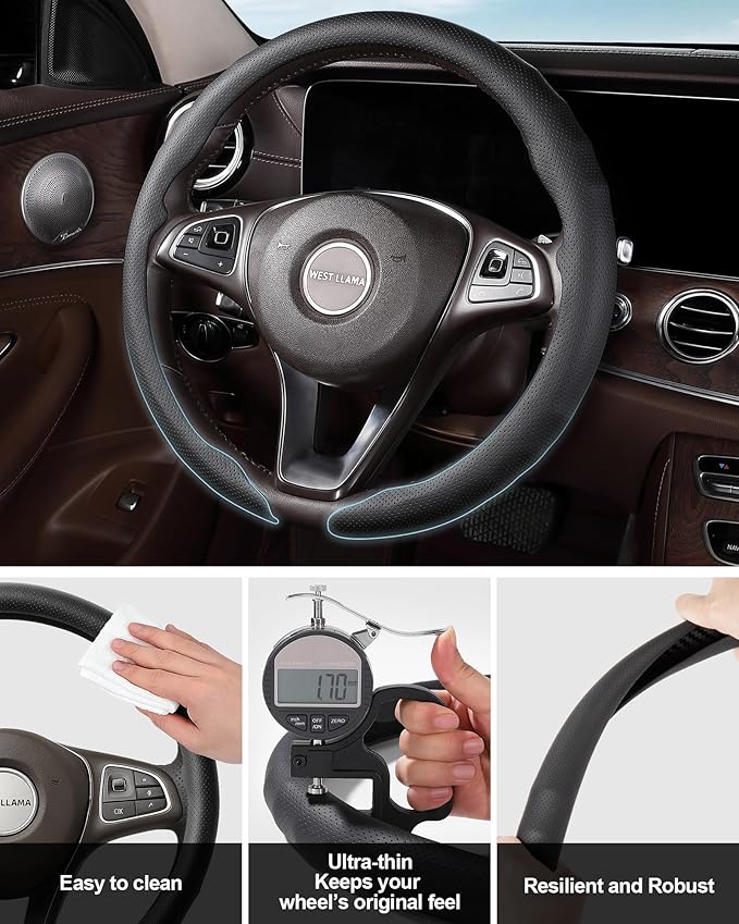 West Llama Nappa Leather Steering Wheel Cover for Car,Thin Steering Wheel Wrap Universal 14.5-15 Inch,Fit Cars,SUVs,Trucks(Black-O-Shaped)