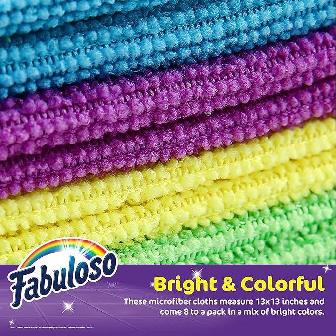 Fabuloso Microfiber Cleaning Cloths for Home & Car, Lint-Free Scratch-Free Rags for Glass, Kitchen & Wood, Reusable Machine Washable, Absorbent for Dusting & Wiping, Rainbow, 13 x 13 in, 8 Ct - 2 Pk