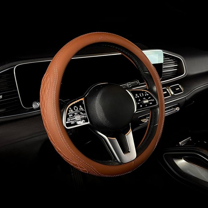 Lord Autofashion Steering Wheel Cover – PU Leather, Non-Slip Rubber Inner, All-Season Comfort – 14.5–15 Inch (Tan 9366)