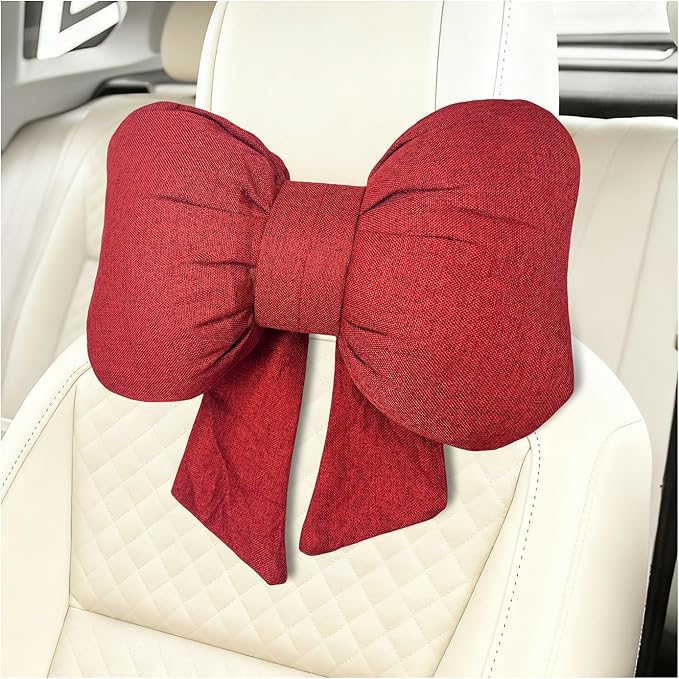 Sun Walker Bow Car Headrest Pillow, Breathable Bow-Shaped Vehicle Neck Pillow with Adjustable Strap, Ergonomic Neck Support Cushion Driving Seat Decoration for Women Girls (Red)