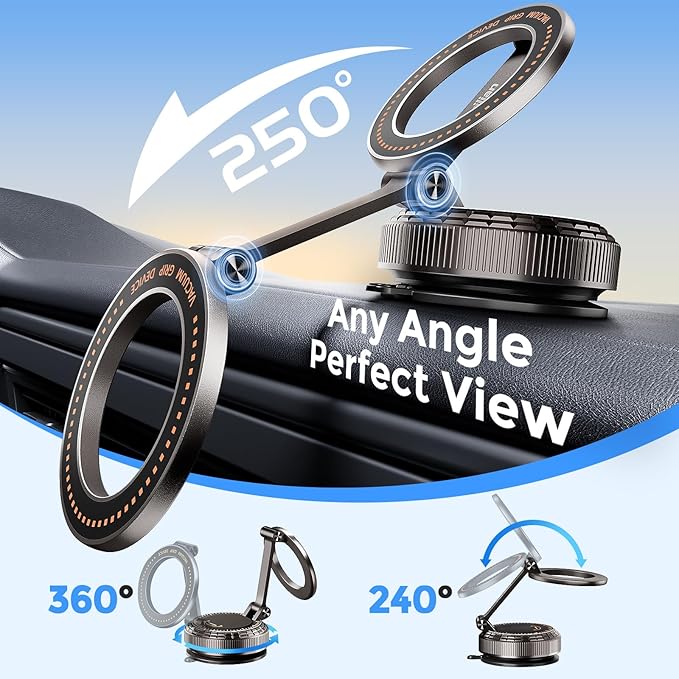 2026 Upgraded Metal Base Vacuum Magnetic Car Phone Holder, 360° Rotatable & Ultra Secure, Super Strong Suction for MagSafe iPhone Android Phone Mount for Car Gym Mirror