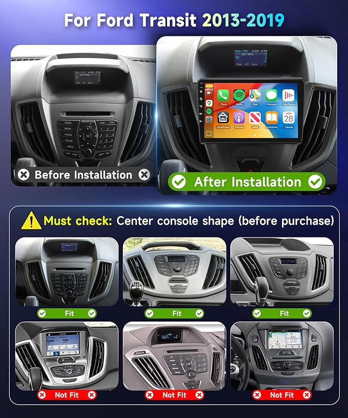 4G+64G Car Radio Stereo for Ford Transit 2013-2019, 9inch IPS Touch Screen/Android 15/Wireless CarPlay/Android Auto/32 EQ/GPS Navigation/WiFi/5.0Bluetooth/FM/RDS/SWC/AHD Backup Camera