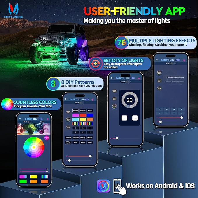 MICTUNING C2 Max RGB+IC Chasing Color Rock Lights - 16 Pods Underglow Lighting Kit, Dynamic Lighting Modes, Extensible Up to 24 Pods with Stable APP Control, IP68 Waterproof, DIY Effect