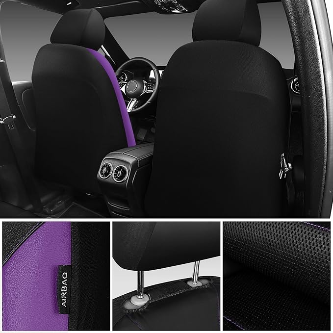 CAR PASS Leather Seat Covers, Breathable Universal Car Seat Cover Full Set for Cute Women Girly,Super 5mm Composite Sponge Inside,Airbag Compatible fits Most Auto,SUVs,Trucks,Vans(Black&Purple)