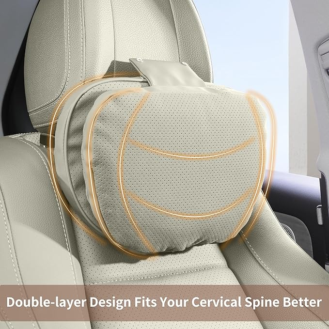 Car Headrest Pillow for Driving, Dual-Sided Leather Design Neck Pillow, Breathable Softness Neck Support, Universal Fit Head Rest Travel Pillow, Off White (Beige), 2 Pack