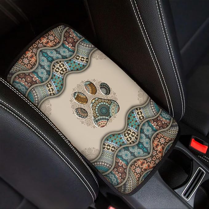 Suobstales Boho Paw Print Car Center Console Armrest Cover Seat Box Mat Auto Decorations Fit Most Vehicle SUV Truck Sedan