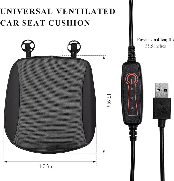 Cooling Car Seat Cushion, Ventilated Cool Bottom Seat Cover with USB Interface, 3-Speed Adjustable Comfy Cooling Pad for Auto Front Seats Home Office Chairs, Car Accessories (Gray)