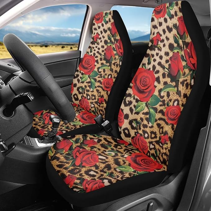 Leopard Print Rose Car Front Seat Covers Set of 2 Piece Auto Seats Protectors Anti-Scratch Seat Covers Universal Fit Most Vehicles