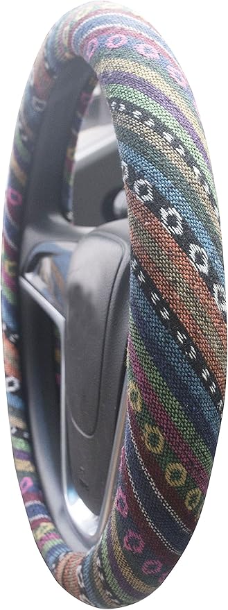 Small Ethnic Style Coarse Flax Cloth Automotive Steering Wheel Cover Anti Slip and Sweat Absorption Auto Car Wrap Cover (14''-14.25, C)