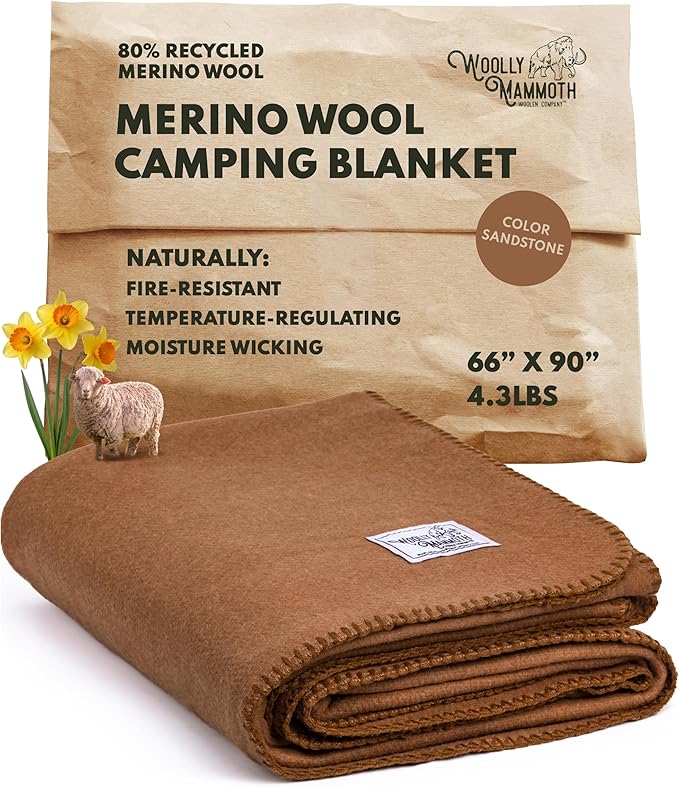 Woolly Mammoth Woolen Company Merino Wool Blanket - 80% Merino Wool - Camping Blankets for Cold Weather - Mositure-Wicking for Overlanding, Hunting, Emergency Kits, Bushcraft (66" x 90" Sandstone)